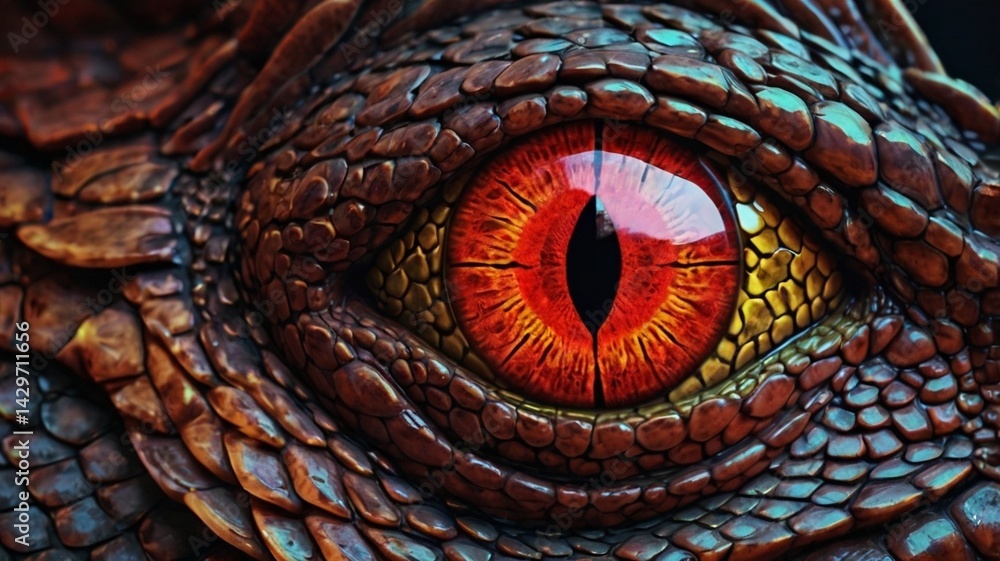 Fototapeta premium A colorful, close-up art design reveals the eye and scale pattern of a red dragon's face, sharp eye, Generative AI
