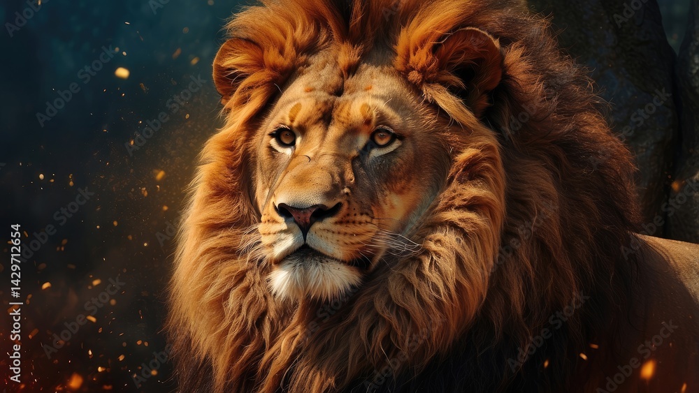 Naklejka premium African Lion Resting on Grassland – Majestic Wild Animal Nature Photo