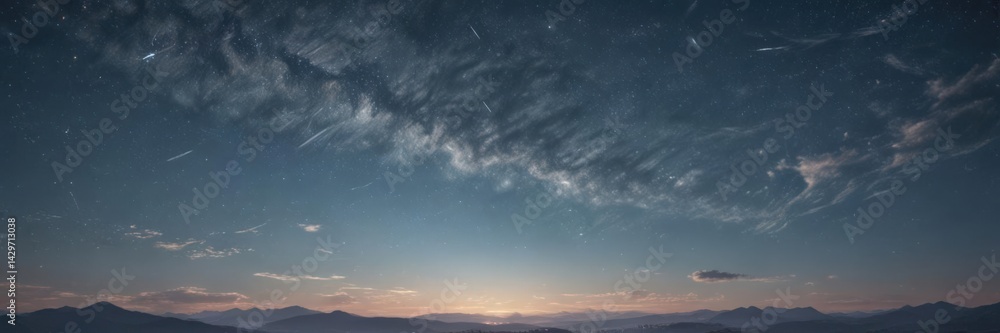 Obraz premium Faded blue sky, wispy clouds, twinkling stars on distressed paper , twilight, antique