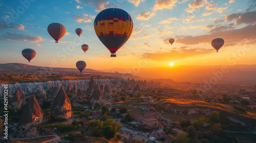 Cappadocia's magical sunrise: Hot air balloons over the fairy chimneys landscape