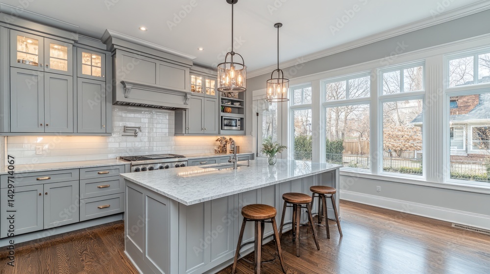 Fototapeta premium Gray kitchen island with large windows overlooks a backyard.