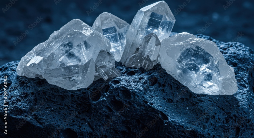 Fototapeta premium Stunning Clear Quartz Crystals on Dark Volcanic Rock A Captivating Display of Nature's Beauty
