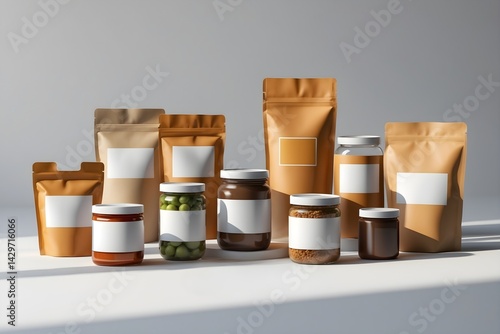 Assortment of blank natural food packaging including kraft pouches and glass jars with white labels, ready for branding