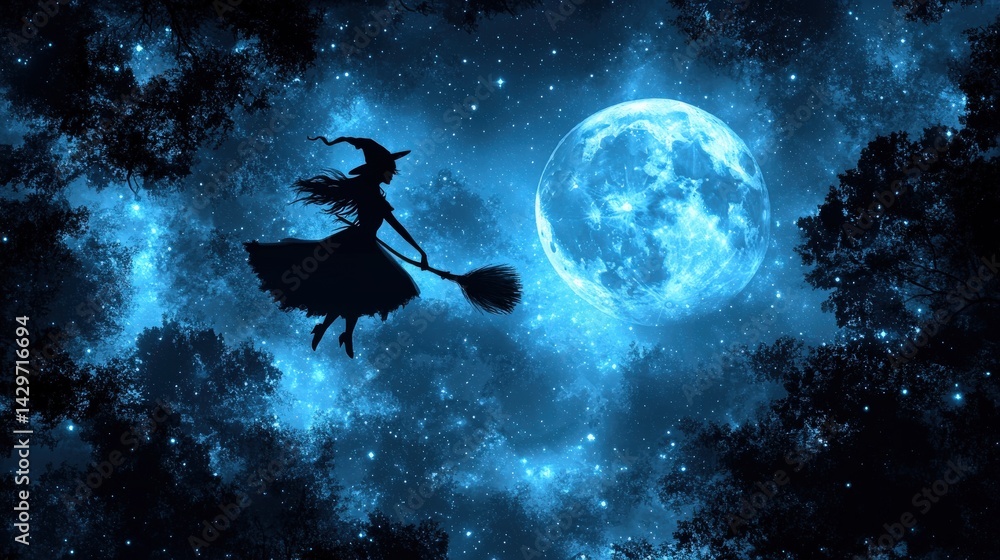 Fototapeta premium Silhouette of a witch flying through a night sky, guided by moonlight.