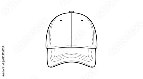 Classic Baseball Cap Technical Fashion Illustration. Structured 6-Panel Hat Vector Template. Front View. Topstitch Details. Adjustable Back Closure. White Color. CAD Mockup.
