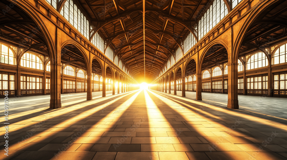 Fototapeta premium Architectural Grandeur: A perspective view of a grand hall bathed in golden light, highlighting its stunning architectural design. capturing the sense of spaciousness and awe.