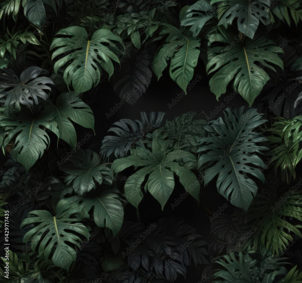 Intricate dark green tropical leaves and vines on a black backdrop, creating a mysterious atmosphere , design, tropical, night Intricate dark green tropical leaves and vines on a black backdrop, creating a mysterious atmosphere , design, tropical, night