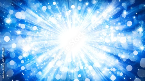 Brilliant White Light Burst Radiating from the Center with Blue Rays, Glowing Circles, Sparkling Stars, and Bright Bokeh Particles Across a Deep Blue Background