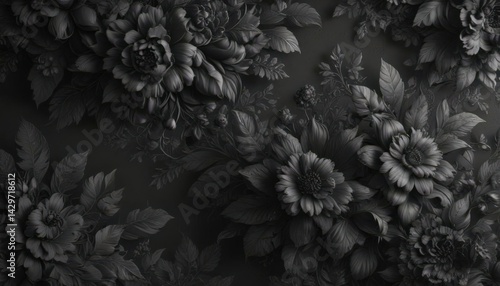 Intricate charcoal floral wallpaper, rich texture , rich, classic