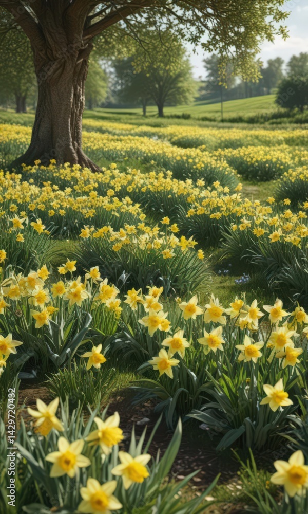Fototapeta premium Lush green field, abundant daffodils, bright sunny day, beauty, daffodil