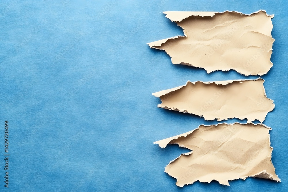 Torn Beige Paper Pieces on Blue Background Torn Beige Paper Pieces on Blue Background