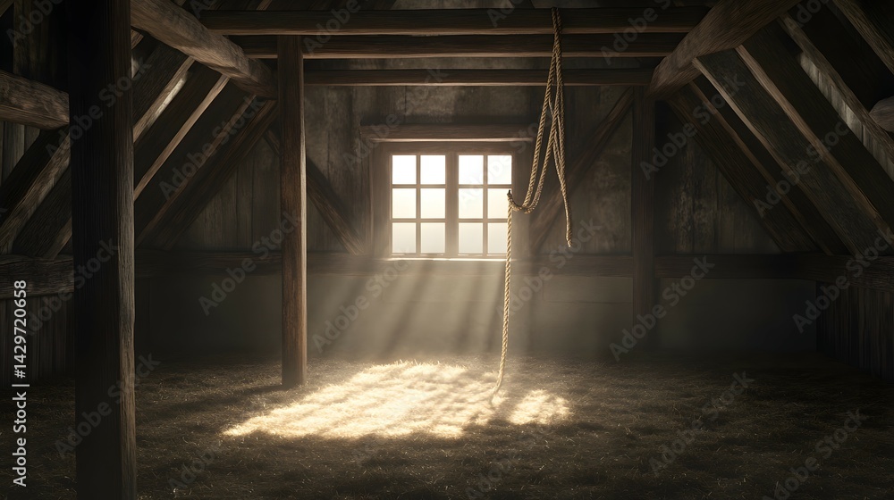 Dusty attic interior, illuminated by sunlight streaming through a small window. Dusty attic interior, illuminated by sunlight streaming through a small window.