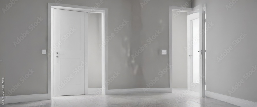 Fototapeta premium Modern white interior door, sleek handle, closed , property, interior design, wood texture