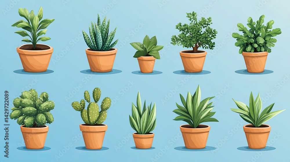 Fototapeta premium Vibrant Green Potted Plants Collection Home Decor Illustrations Beautiful Nature Botanicals Houseplants Greenery Indoor Garden Variety Set Terrace 