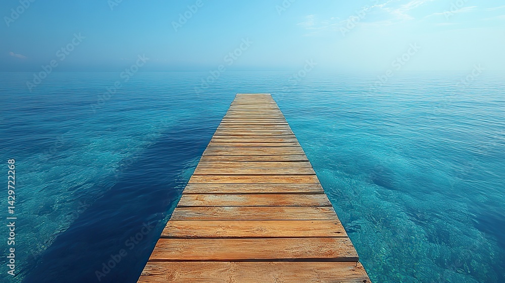 Obraz premium A wooden pier with parallel planks extends towards a calm blue ocean under a vast clear sky, a serene setting for a summer escape or travel.