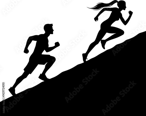 Running man and woman, isolated vector silhouettes. Run, side view. Silhouettes of athletic looking male and female runners running uphill. EPS 10 version.