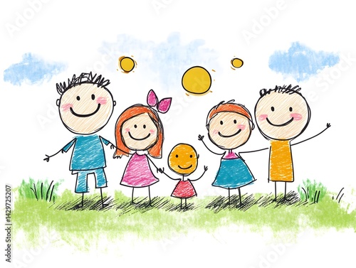 Happy Family: Childlike Sketch of Joyful Kids and Parents