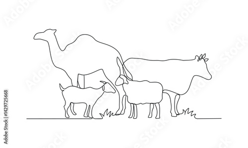 One continuous line drawing of various animal for sacrifice in the Eid Adha Mubarak vector illustration. Cow, sheep, camel and goat for celebration in the Islamic holiday in linear style concept.