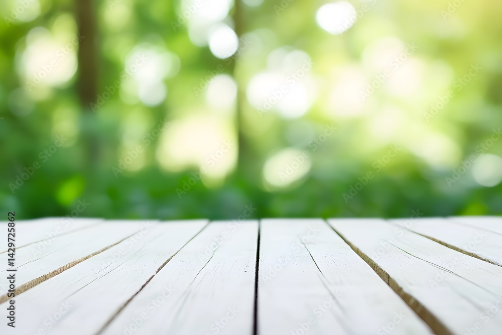 White Wooden Tabletop Nature Background Green Bokeh Blurred Summer White Wooden Tabletop Nature Background Green Bokeh Blurred Summer