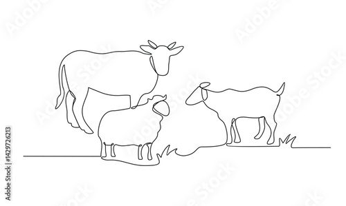 One continuous line drawing of various animal for sacrifice in the Eid Adha Mubarak vector illustration. Cow, sheep, camel and goat for celebration in the Islamic holiday in linear style concept.