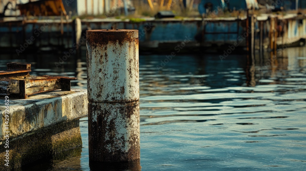 A Rusty Metal Pillar Standing Tall by Calm Waters Reflecting the Surrounding Structures Under Soft Light A Rusty Metal Pillar Standing Tall by Calm Waters Reflecting the Surrounding Structures Under Soft Light