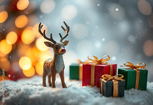 Christmas Reindeer with Gift Boxes on Snowy Background and Bokeh Lights