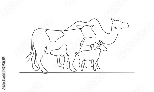 One continuous line drawing of various animal for sacrifice in the Eid Adha Mubarak vector illustration. Cow, sheep, camel and goat for celebration in the Islamic holiday in linear style concept.