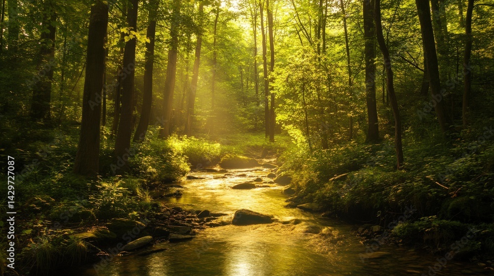 Obraz premium Sunlight streams through a verdant forest, illuminating a small brook.