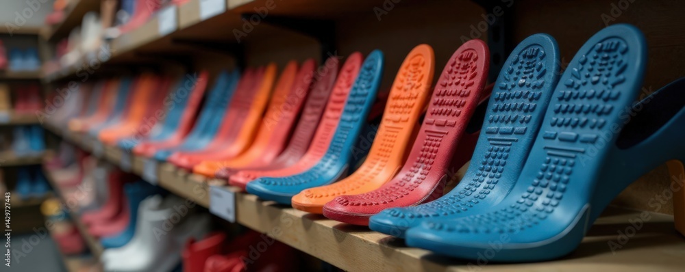 Fototapeta premium Row of colorful imprint soles shoes on a shelf, stackable heels, sole style, stylish shoes