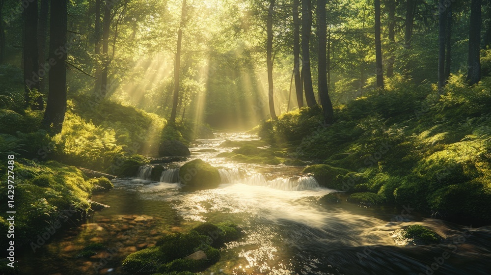 Obraz premium Sunlight streams through a tranquil forest creek.