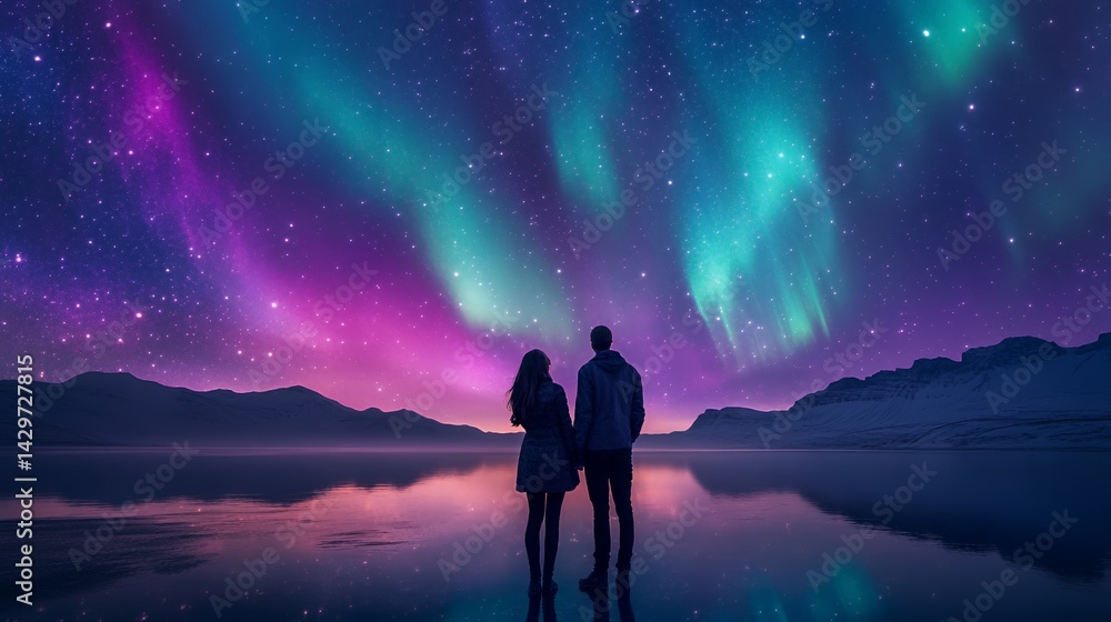 Obraz premium Couple gazing at the vibrant aurora borealis over a serene lake.