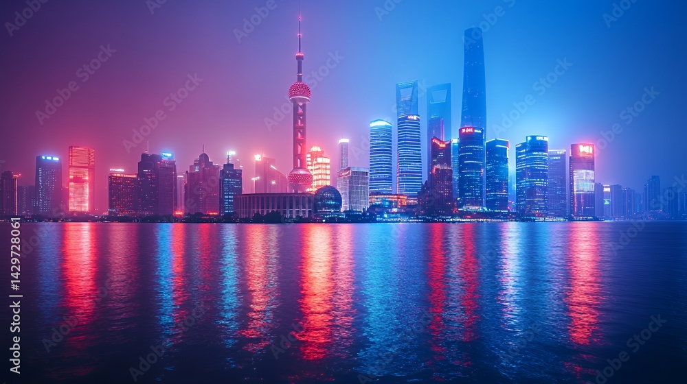 Obraz premium Vibrant city skyline at night with colorful neon lights reflecting on water.