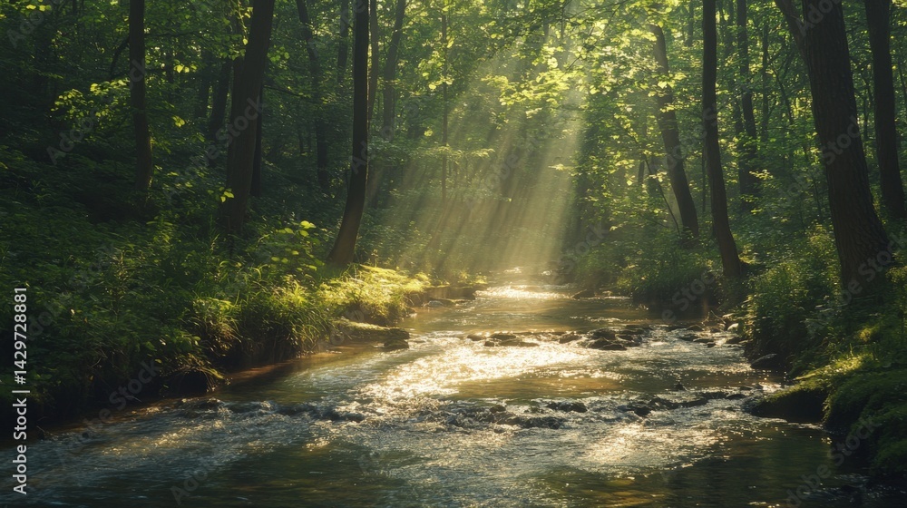 Obraz premium Sunlight streams through a tranquil forest stream.
