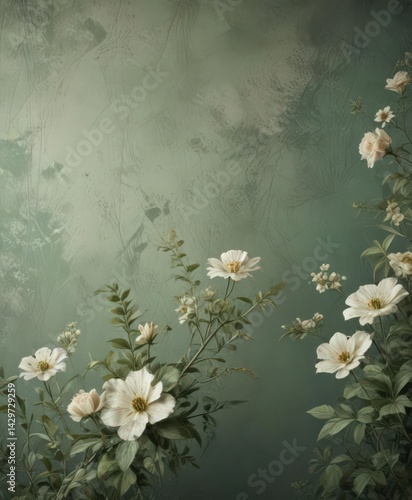 Subtle green floral grunge backdrop, distressed textures & soft vintage pattern, background, shade, design