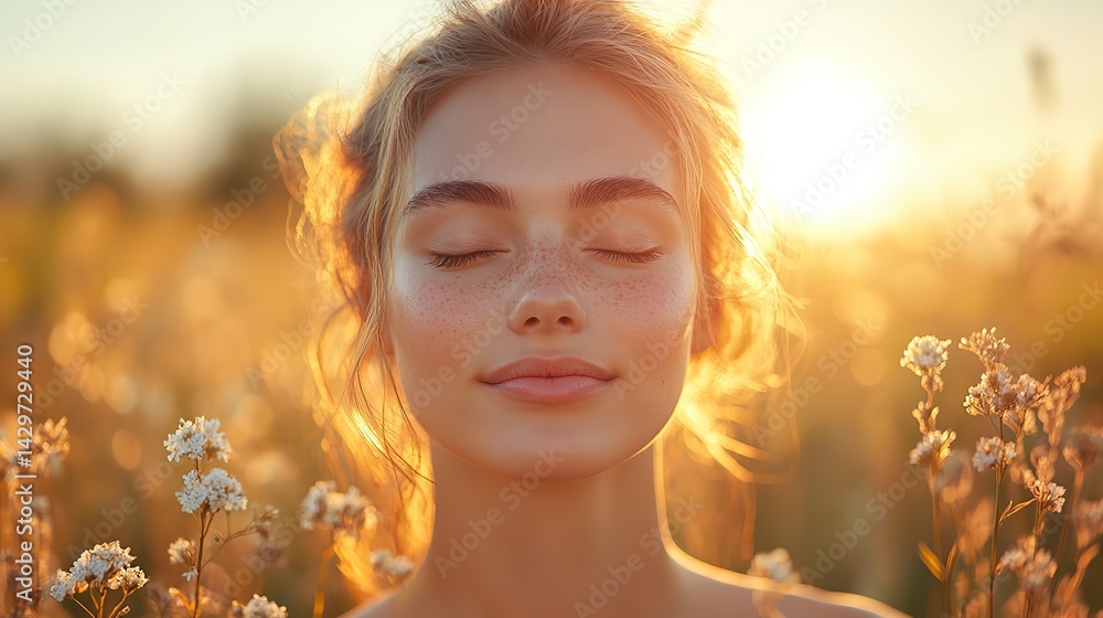 Fototapeta premium A young woman enjoys fresh air and sunlight, touching her nose with closed eyes, highlighting the importance of breathing.