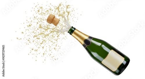 Champagne bottle popping open with cork flying and liquid splashing for celebration success party event festive occasion new year