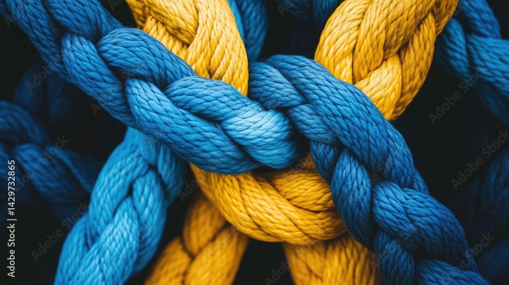 Intertwined blue and yellow ropes form a complex texture. Intertwined blue and yellow ropes form a complex texture.