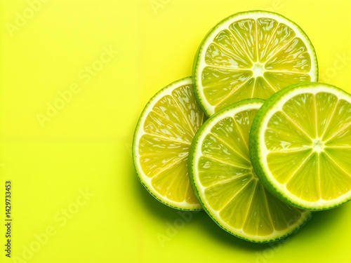 Top view of lime slices arranged on yellow background, juicy and fresh concept. Generative AI