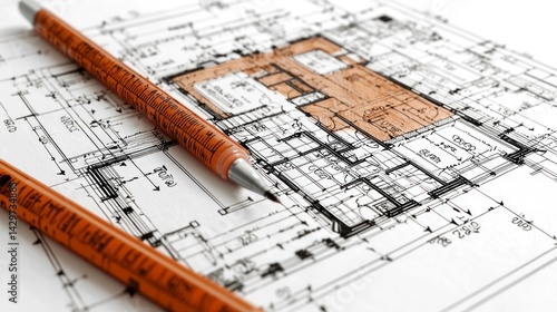 Blueprint and pencil on paper