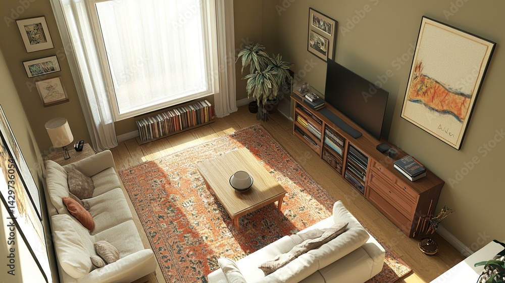Obraz premium Sunlit Living Room Interior with Modern Furniture and Artwork