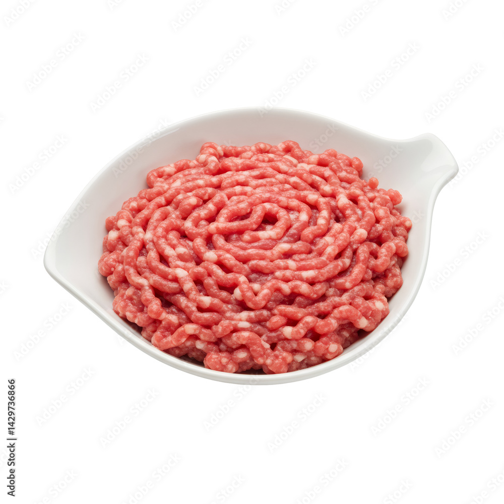 白いボウルに入った新鮮なひき肉のクローズアップ 食材の準備 調理用 食べ物の質感 白いボウルに入った新鮮なひき肉のクローズアップ 食材の準備 調理用 食べ物の質感
