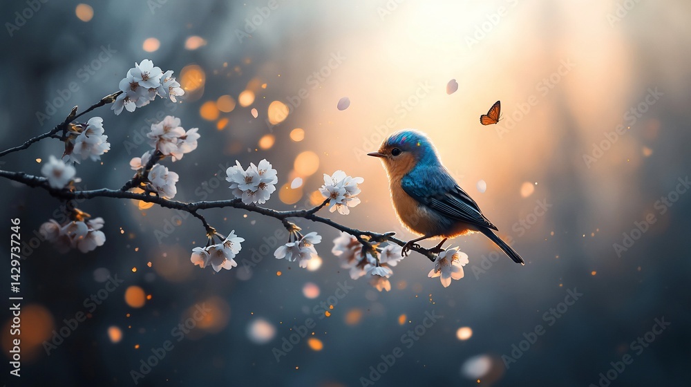 A small, vibrant bird perched on a blossoming branch, bathed in golden sunlight. Delicate blossoms and a butterfly add to the serene scene A small, vibrant bird perched on a blossoming branch, bathed in golden sunlight. Delicate blossoms and a butterfly add to the serene scene