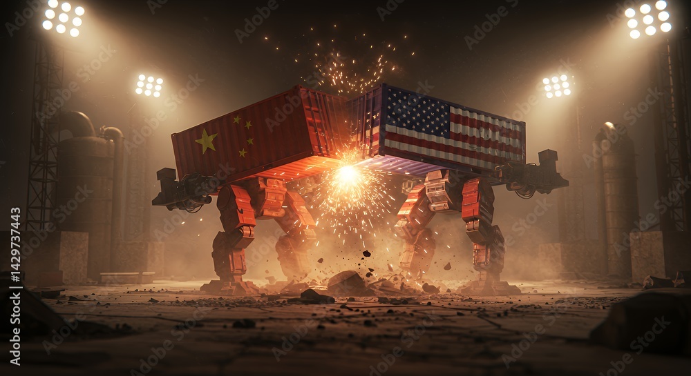 Mech Battle Robots with Cargo Containers Sparks Flying in Arena Setting