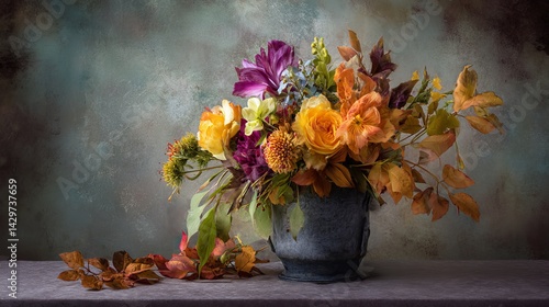 Wallpaper Mural Autumnal Floral Arrangement Still Life Photography Vibrant Orange Yellow Purple Flowers in Rustic Metal Vase Beautiful Fall Bouquet Elegant Home Decor Torontodigital.ca