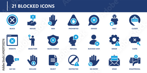 Blocked icons pack in solid style featuring block, banned, refusal, denied, restricted, disapproval, error alert, and no entry warning.
