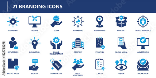 Branding icons pack in solid style including logo, marketing, brand value, advertising, vision, target audience, social media, and slogan.