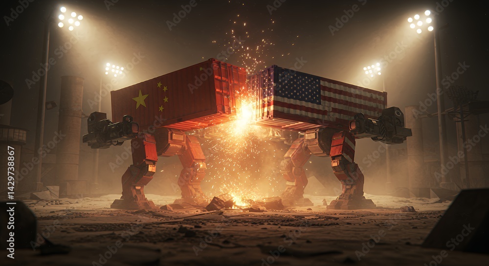 Robots with Flags Colliding Sparks Flying Futuristic Confrontation Concept