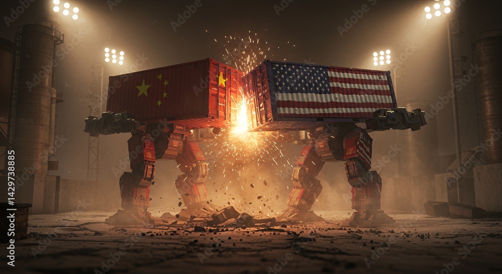 Robotic Figures Clash with Cargo Containers in Industrial Setting