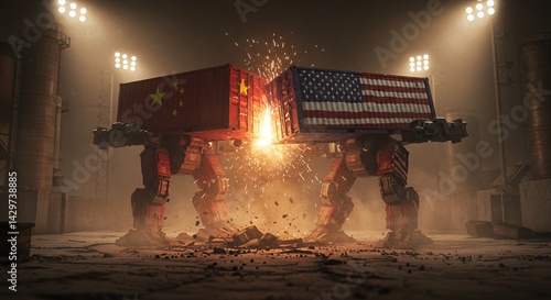 Obraz na płótnie Robotic Figures Clash with Cargo Containers in Industrial Setting w salonie