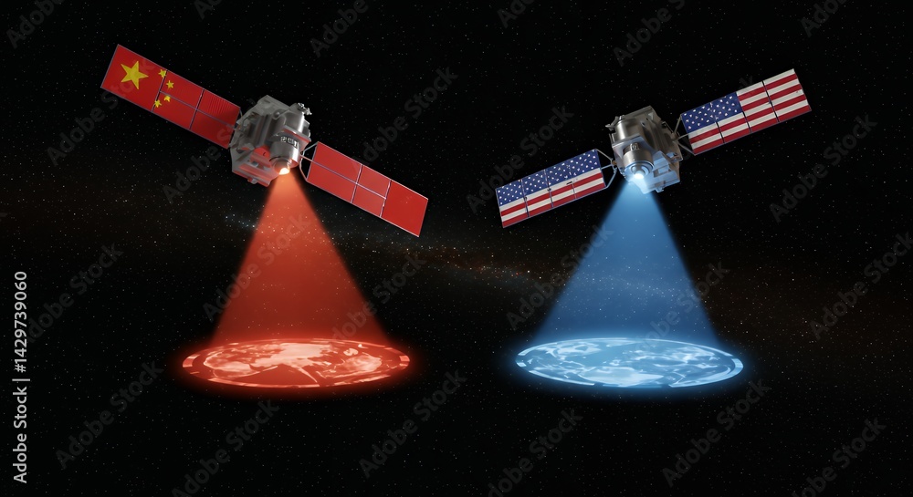 Satellites Transmitting Data Beams in Space with Two Countries Flags